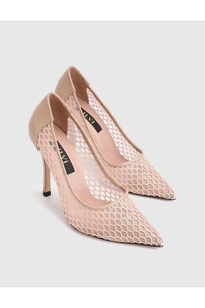 İLVİ Gkri Genuine Leather Mesh Beige Women's Heeled Shoes