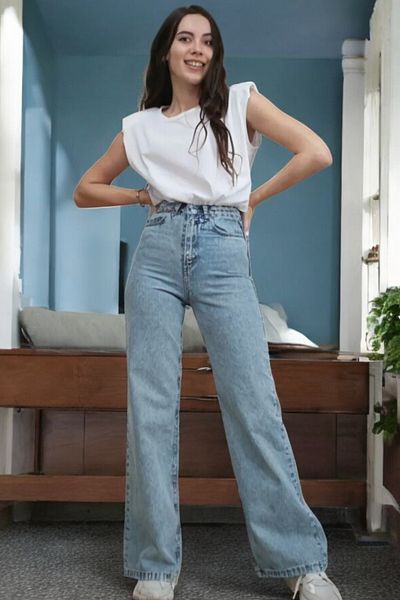 byhaziran butik Rebecca Young Girl Blue Wash High Waist Lycra Loose Wide Leg Jeans