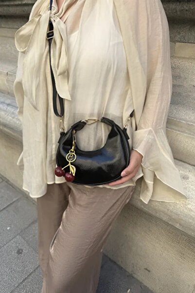 LEONAS Women's Hand and Shoulder Bag Alyona Leather Black with Cherry Charm Gift