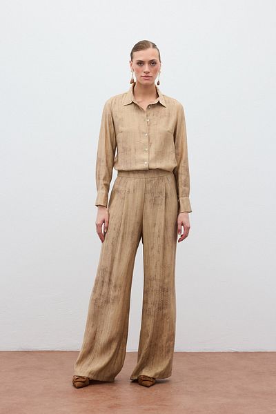 Sateen Patterned Loose Trousers - Camel