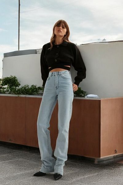 byhaziran butik Muny Women's Blue Snow Wash High Waist Lycra Casual Loose Leg Jeans