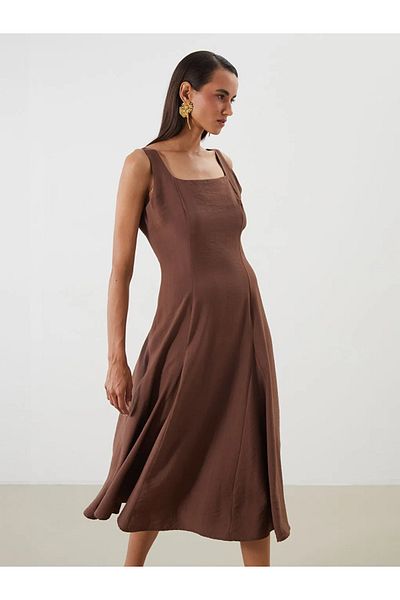 LC Waikiki Lcwaikiki Classic Brown U-Neck Pleat Detail Waist Seated Dress
