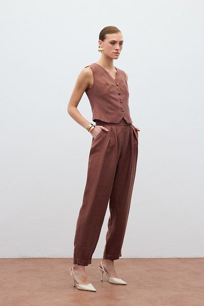 Sateen Casual Linen Trousers - Brown