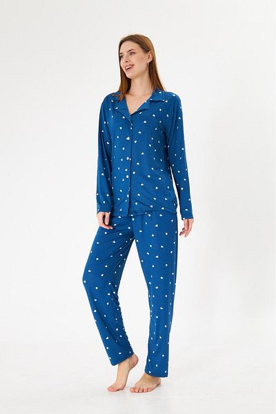 Pajama Shop Women's Milan Fabric Navy Blue Heart Pattern Shirt Collar Button-Through Long Sleeve Winter Pajamas Set
