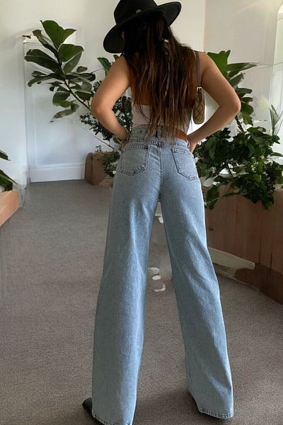 byhaziran butik Cany Women's Blue Snow Wash High Waist Lycra Casual Loose Leg Jeans