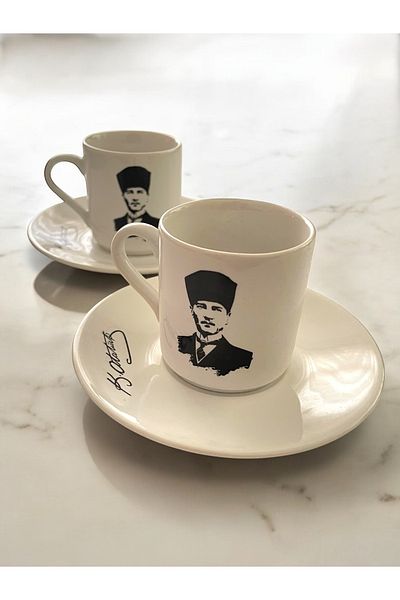 Artistic Quality Decorative Mustafa Kemal Atatürk Printed Porcelain Turkish Coffee Cup Set for 2 People