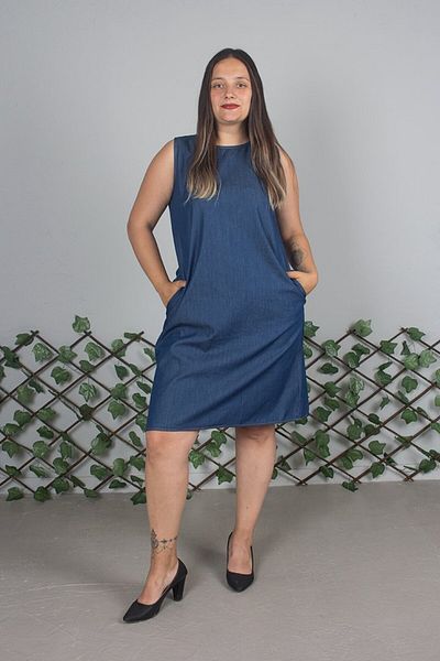 Truva XXL Plus Size Slim Denim Sleeveless Pocket Navy Dress
