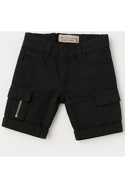Magu Boy's Cotton Black Zipper Detailed Cargo Shorts