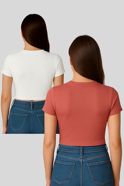 Seamoda Double Pack Crew Neck Short Sleeve Crop Rib Tshirt Tile-Broken White