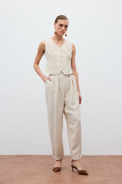 Sateen Casual Linen Trousers - Stone
