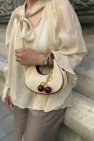 LEONAS Women's Hand and Shoulder Bag Alyona Straw Tan with Cherry Charm Gift