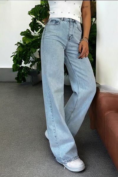byhaziran butik Billy Light Blue Snow Wash High Waist Stretchy Stylish Wide Leg Jeans