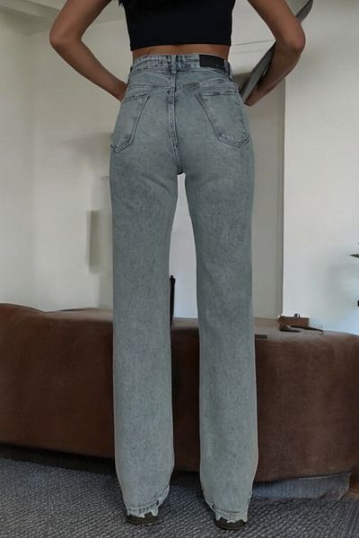 byhaziran butik Reyya Young Girl Light Blue Snow Wash High Waist Lycra Casual 90's Loose Leg Denim Pants