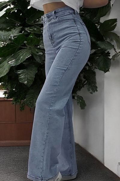 byhaziran butik Scarle Young Girl Light Blue Snow Wash High Waist Lycra Casual 90's Loose Leg Denim Pants
