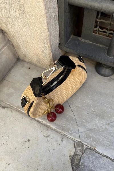 LEONAS Women's Hand and Shoulder Bag Alyona Straw Black with Cherry Charm Gift