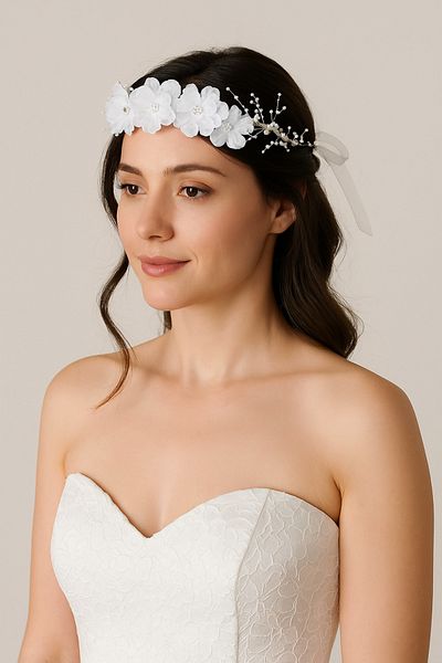 BlueBlossom White Flower Bridal Crown with Pearls |   Artificial Peony Detailed Hair Accessory