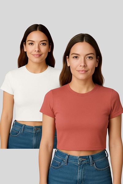 Seamoda Double Pack Crew Neck Short Sleeve Crop Rib Tshirt Tile-Broken White
