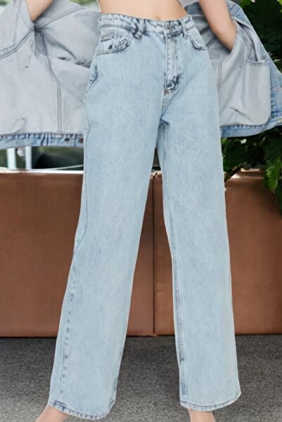 byhaziran butik Claire Молода дівчина Світло-блакитні джинси з високою талією, еластичні, зручні, 90-ті, широкі штанини
