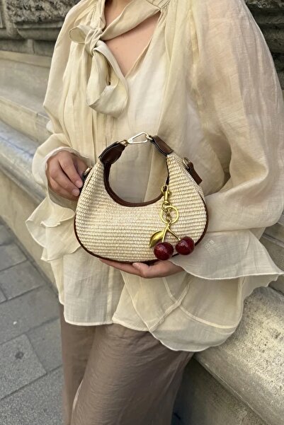 LEONAS Women's Hand and Shoulder Bag Alyona Straw Tan with Cherry Charm Gift