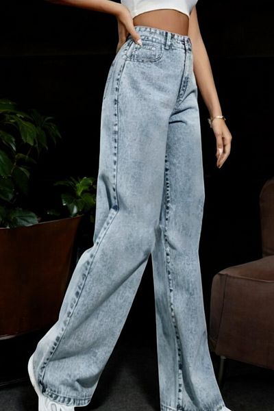 byhaziran butik Fezza Young Girl Light Blue Snow Wash High Waist Lycra Casual 90's Loose Leg Jeans
