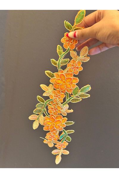 Gönülden Tasarım Iron-Sticking Leafy Vine Flower Armature Sewing Application 38X12 cm Orange