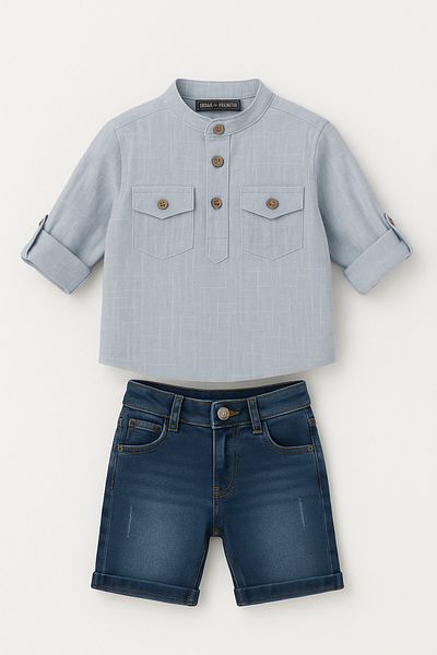 Magu Boy's Blue Shirt Collar Detailed Denim Shorts Suit