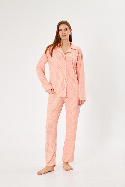 Pajama Shop Women's Milan Fabric Puppy Mouth Polka Dot Shirt Collar Button-Down Long Sleeve Winter Pajamas Set