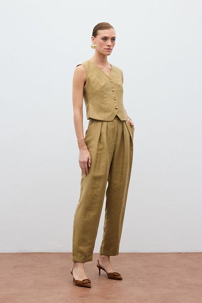 Sateen Casual Linen Trousers - Khaki