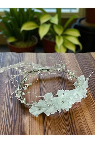 BlueBlossom White Flower Bridal Crown with Pearls |   Artificial Peony Detailed Hair Accessory