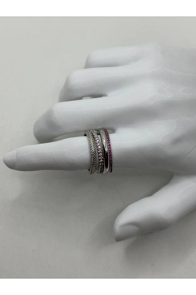 lysiaaccessory Set of 4 Stone Combination Steel Rings – Silver Color Pink Stone