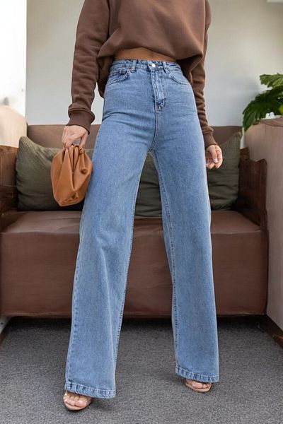 byhaziran butik Hansu Women's Blue Snow Wash High Waist Lycra Wide Leg Jeans