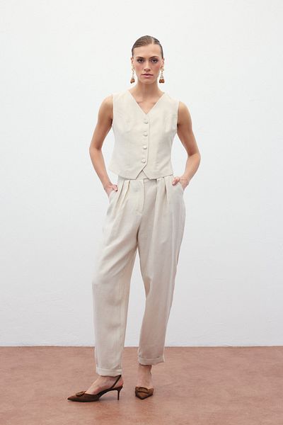 Sateen Casual Linen Trousers - Stone