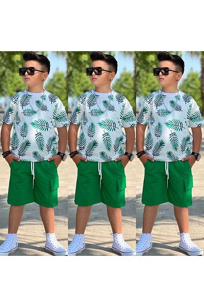 Modaayaz Crew Neck Leaf Patterned Boy's Green Top-Top Suit