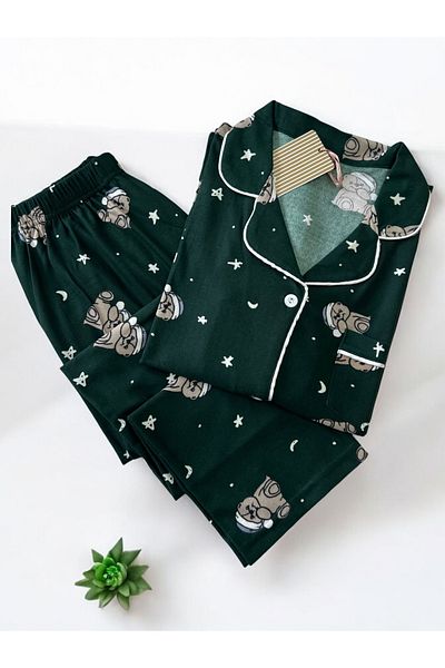 ÇağrıHome Women's 100% Cotton Suede Green Teddy Bear Patterned Piping Buttoned Long Sleeve Winter Pajama Set