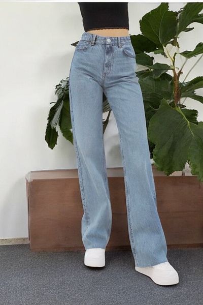 byhaziran butik Cianna Young Girl Blue Wash High Waist Lycra Loose Wide Leg Jeans