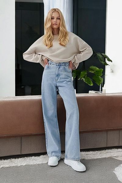 byhaziran butik Micca Women's Snow Wash High Waist Stretchy Wide Leg Jeans