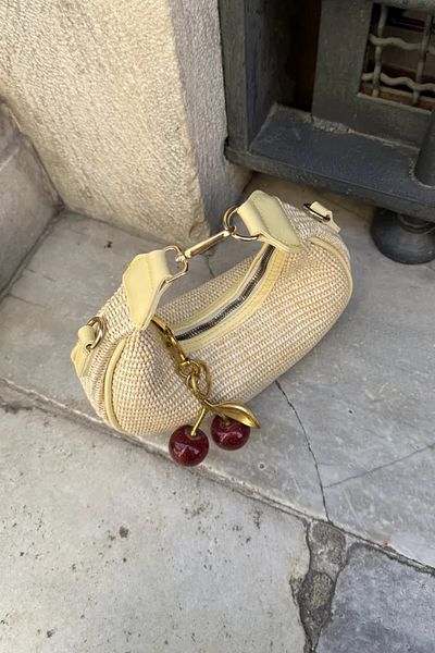 LEONAS Women's Hand and Shoulder Bag Alyona Straw Yellow with Cherry Charm Gift