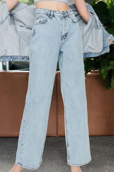 byhaziran butik Claire Young Girl Light Blue Snow Wash High Waist Lycra Casual 90's Loose Leg Denim Pants