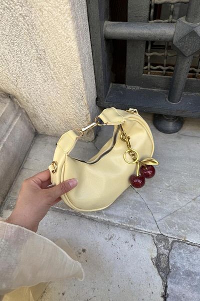 LEONAS Women's Hand and Shoulder Bag Alyona Leather Yellow with Cherry Charm Gift