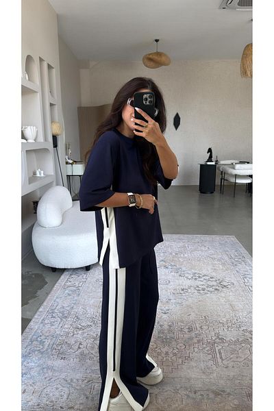 Buket Teke Navy Blue Double Stripe Slit Modal Suit
