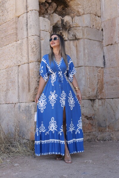 bytugcekaya Φόρεμα με μπλε σχέδιο με λάστιχο στη μέση