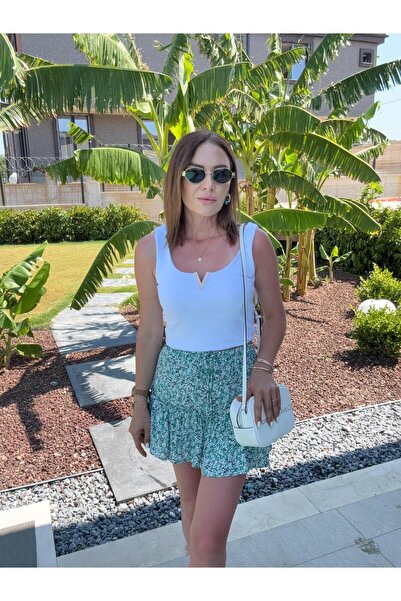 X-Young Çiçek Desenli Önü Bağlamalı Şort Etek YEŞİL