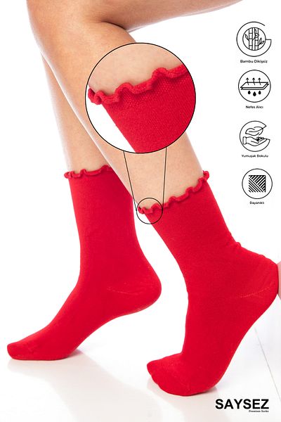 SAYSEZ Bamboo Women's Elasticless Red Ruffled Socket Seamless Premium Socks / No Trace / No Squeeze Socks