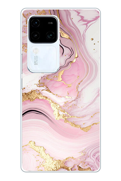 TechTree Vivo V30 Uyumlu Pembe Mermer Şeffaf Silikon Kılıf