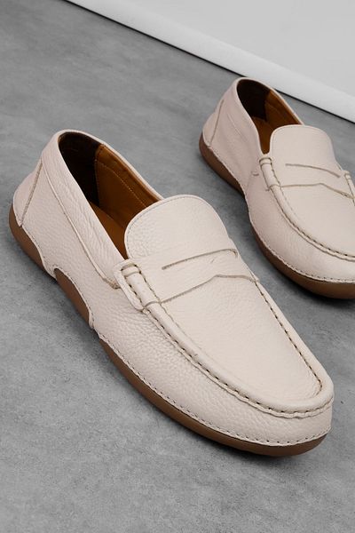 Lal Shoes & Bags Penia Men's Genuine Leather Casual Shoes with Stitching Detail - Cream