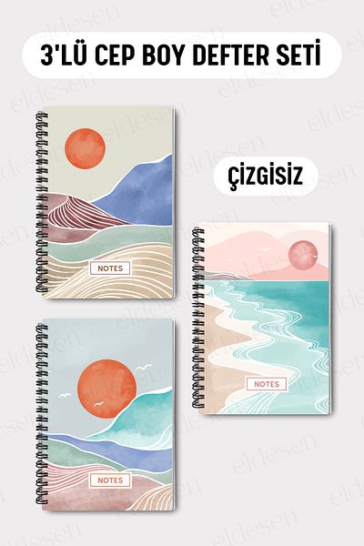 Eldesen Tasarım Set of 3 Pocket Size A6 Spiral Unlined Notebooks, Cardboard Cover 10X14 Cm, 50 Sheets 100 Pages