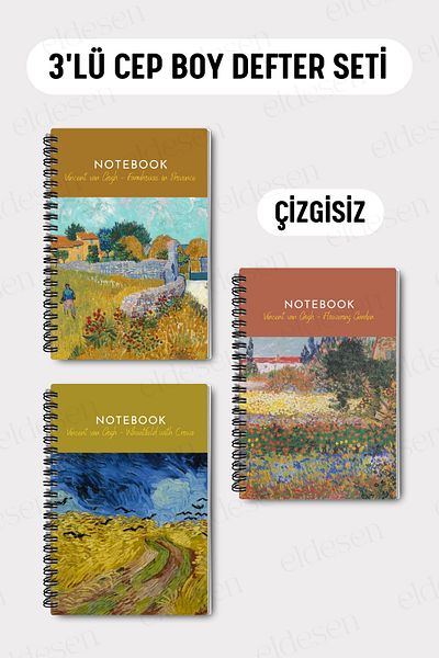 Eldesen Tasarım Set of 3 Pocket Size A6 Spiral Unlined Notebooks, Cardboard Cover 10X14 Cm, 50 Sheets 100 Pages