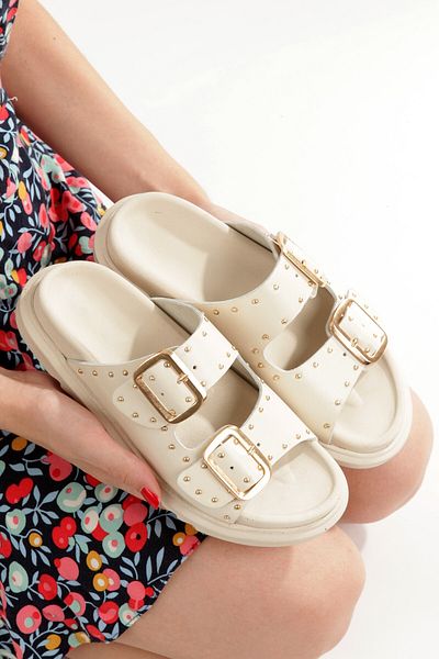 Modabuymus Γυναικείες παντόφλες Zaris Beige Χρώμα Γνήσιο Δερμάτινο Διπλή Πόρπη και Χρυσό Στιμπό
