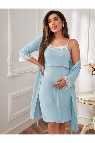 Miss Dünya Lissa Lace Detailed Strap Midi Dressing Nightgown Set Suitable for Pregnant and Postpartum Breastfeeding