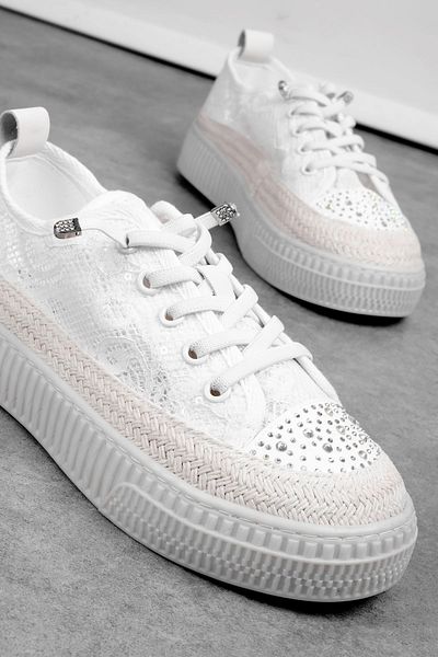 Lal Shoes & Bags Amaya Women's Stone Lace Detailed Lace-Up Casual Shoes-White